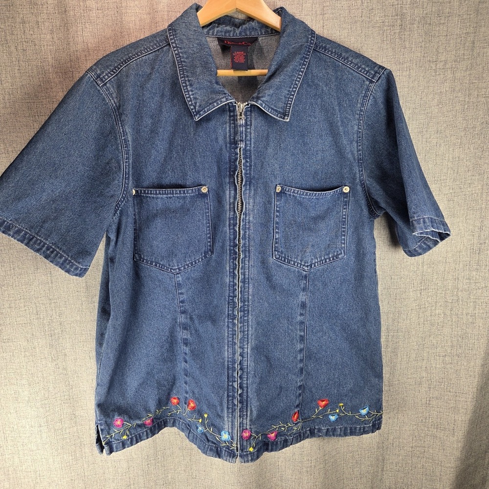VTG Denim & Co Blue Jean Grandma Floral Embroidery Shirt SS Large Y2K Cottage